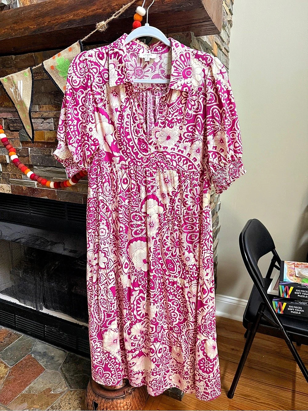 Umgee Paisley Print Tiered Midi Dress Pink & White Size Medium
